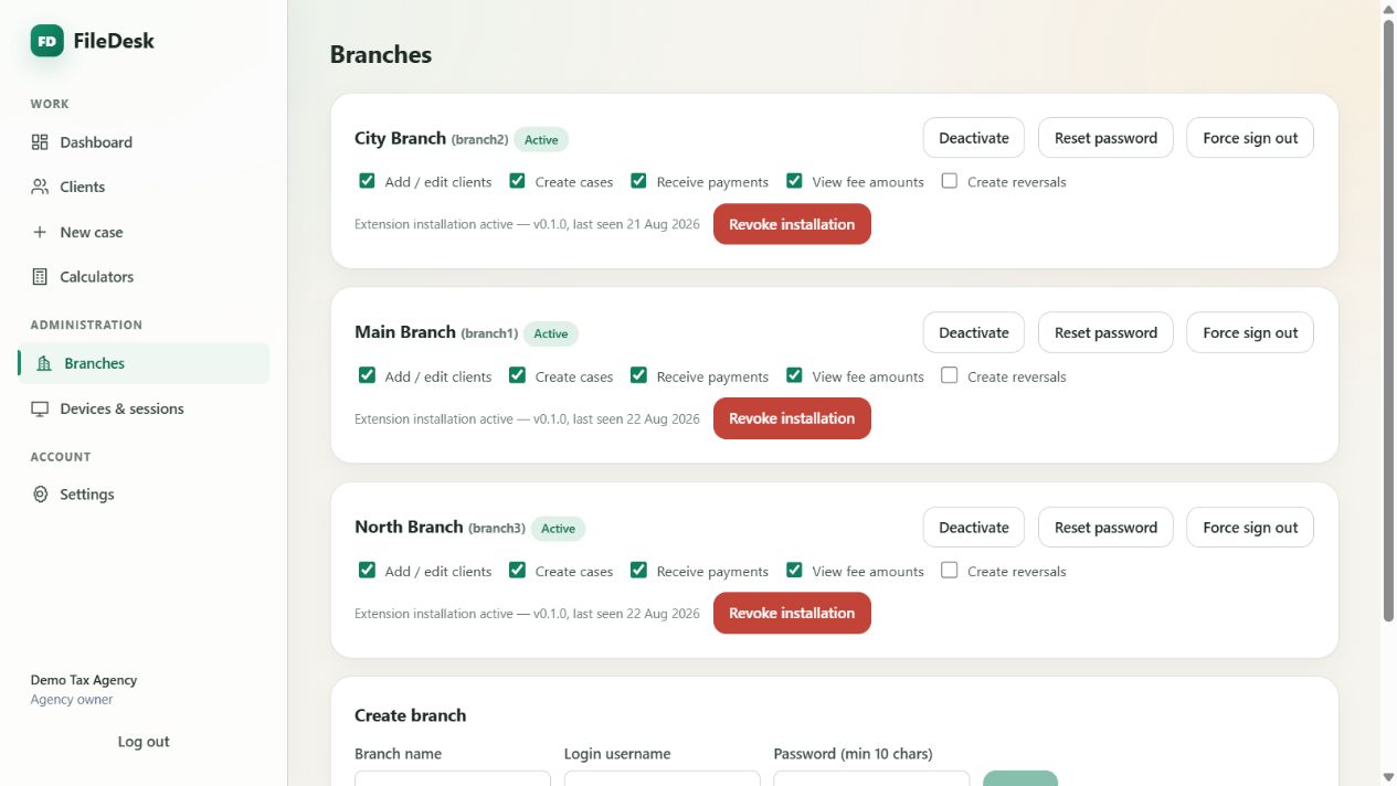 FileDesk branch management with permissions and extension installation status