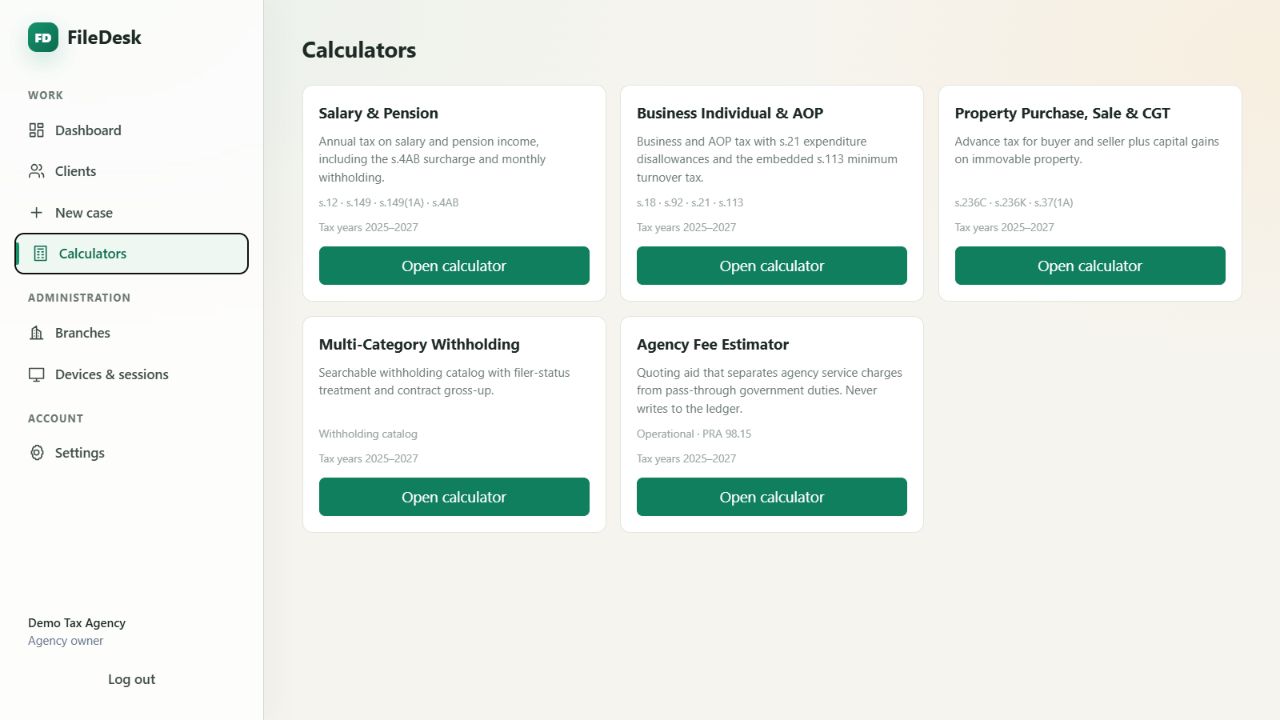 FileDesk calculator screen showing salary, business, property, withholding and agency fee tools
