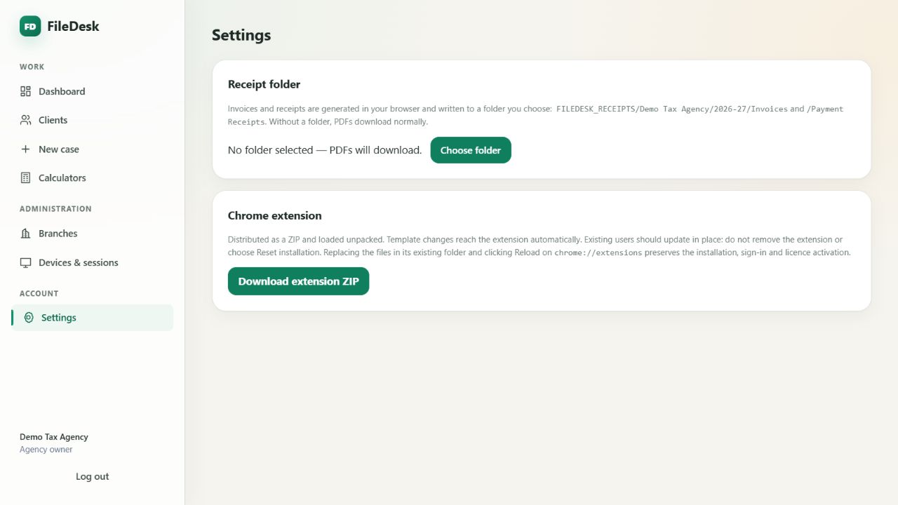 FileDesk settings screen with agency account and extension access controls